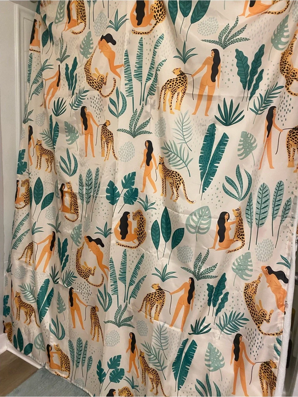 Cute Tropical Leopard & Lady Shower Curtain - Cream & Green 60x72 inches long